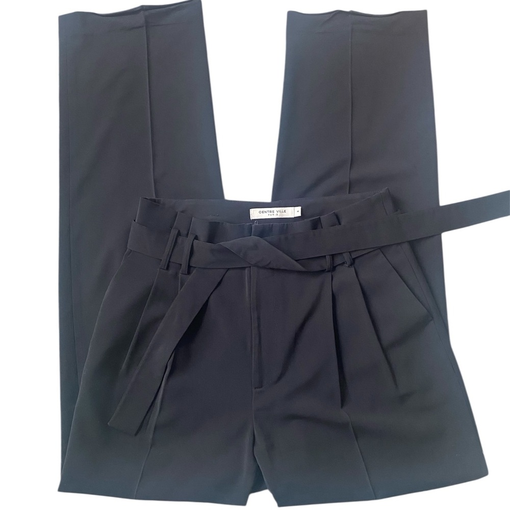 Paper Bag High Tie-Waist Straight Leg Black Pleated Front Trouser Pants Size 4 - Picture 3 of 6
